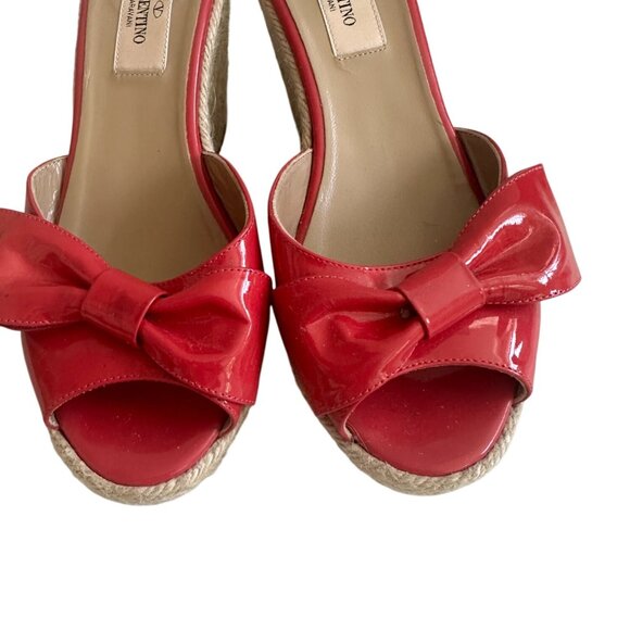 VALENTINO Pink Bow Patent Leather Espadrille Wedges Sandals Size 37.5 - Picture 2 of 10